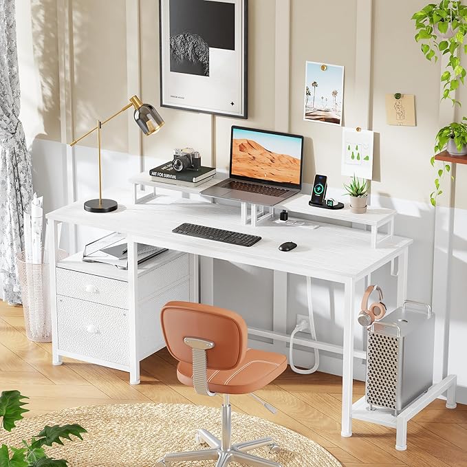 Furologee 55" Computer Desk with File Cabinet and Power Outlets, Home Office Desk with 2 Monitor Stands and Storage Drawer, Writing Gaming Table with Shelves and 2 Hooks for Bedroom, White