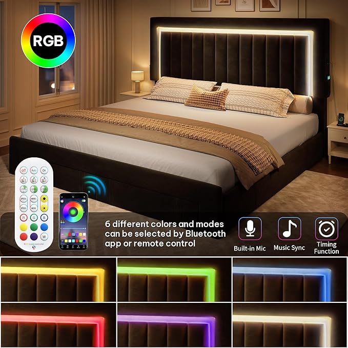 DWVO Queen Size Bed Frame with Adjustable Headboard, 4 Storage Drawers and RGB LED Lights, Velvet Upholstered Platform Bed with USB Ports, No Box Spring Needed, Fast Assembly, Noise-Free, Black