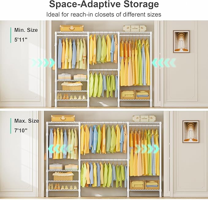 SEMHOR E06 Expandable Heavy Duty Clothes Rack for Reach-in Closet, Freestanding Clothing Racks with Shelves, Carbon Steel Closet Organizer System Adjustable from 70.8-93.9", Max Load 800LBS, White