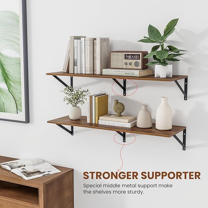 Heimlove 12 Inch Deep Floating Shelves for Wall, 36W x 12D Wood Wall Shelves Set of 2, Walnut Wide Floating Bookshelf for Living Room, Kitchen, Office, Bedroom, with Black Metal Bracke - Walnut