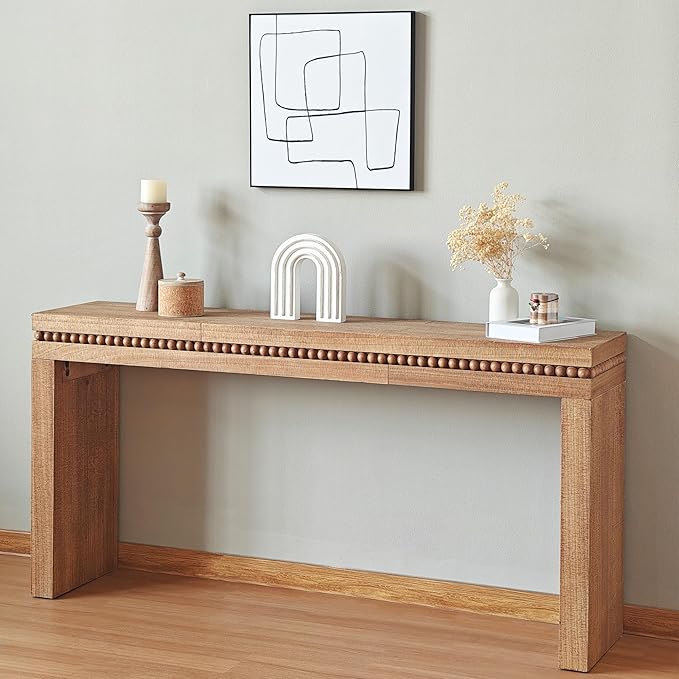 Console Table for Living Room, Long Sofa Table Behind Couch with Real Wood Beads Decoration, Retro Entryway Table for Hallway Foyer (64 Inch, Antique Natural)
