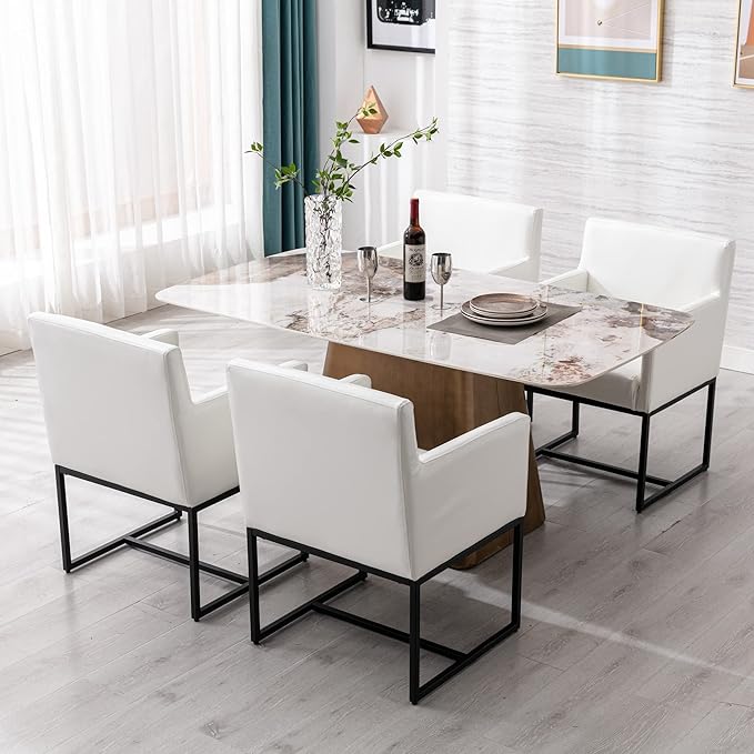 Set of 2 Upholstered Dining Chairs with Armrest, PU Leather Modern Accent Armchairs, Kitchen & Dining Room Chairs Side Chairs, White