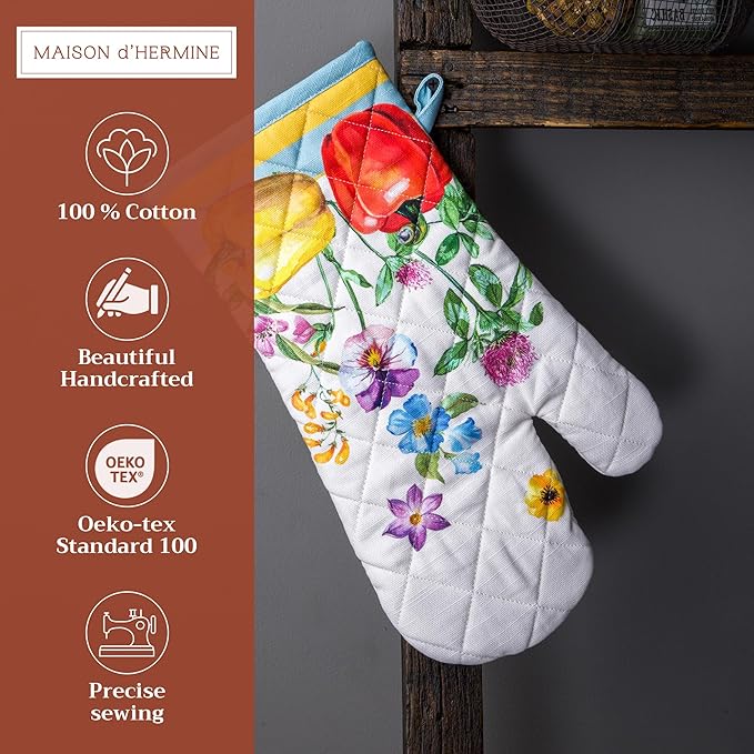 Maison d' Hermine Oven Mitts 100% Cotton Oven Mitt (7.5inch X13'') Easter Heat Resistant Oven Mitt BBQ Cooking Gloves with Loop for Baking, Grilling, Home, Handling Hot Pans, Giverny - Spring/Summer