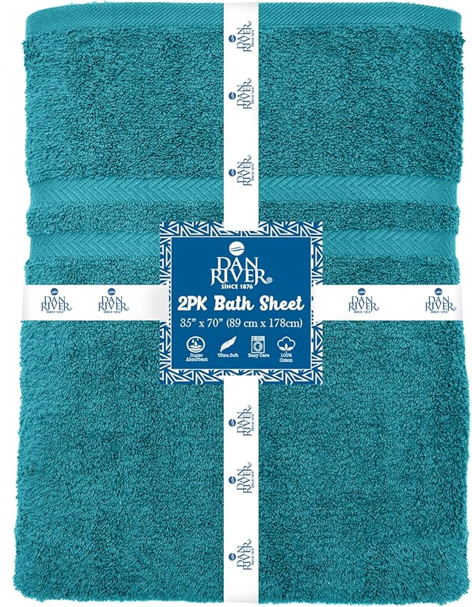 DAN RIVER 2 Pack Luxury Bath Sheets 35x70, 600 GSM, Soft & Quick Dry 100% Ring Spun Cotton Towels Ideal for Hotels, Spas, Gyms & Salons Extra Large, Teal