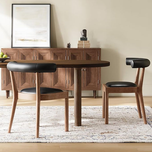 Kmax Dining Room Chairs Mid-Century Modern Leather Kitchen Chairs with Natural Walnut Finished Frame, PU Curved Back, 2-Pcs Set, PU Black