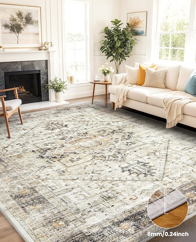 AMADA HOMEFURNISHING 8x10 Area Rugs, Low-Profile Large Washable Area Rug with Non-Slip Backing & Durable Edge Binding, Vintage Rugs for Living Room, Bedroom, Dinning Room