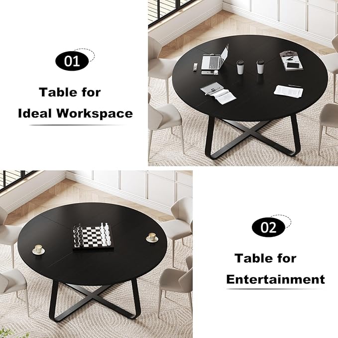 LVB Black Round Dining Table for 6 to 8, 60” Modern Wood Metal Kitchen Table, Industrial Large Dinner Room Table, Circle Dining Table for Home Gathering Living Room
