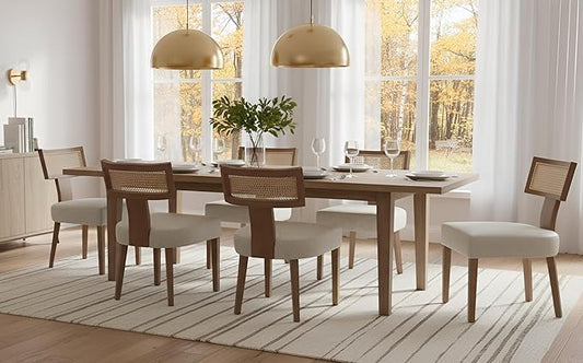 Upholstered Dining Chairs Set of 6 with Rattan Back, Modern Wooden Kitchen Chairs PU Leather Side Dining Room Chair Farmhouse Dinner Chair, Grey