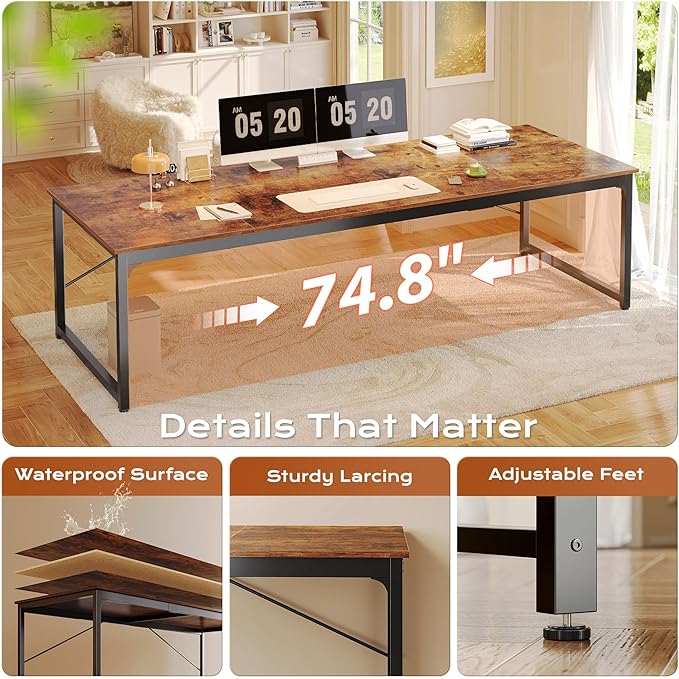 PRAISUN 78.7 X 29.5 Inch Computer Desk with Deeper Desktop, Long Gaming Office Writing Work Desk for Home Office, Study, Bedroom, Work from Home, Metal Frame, Rustic Brown