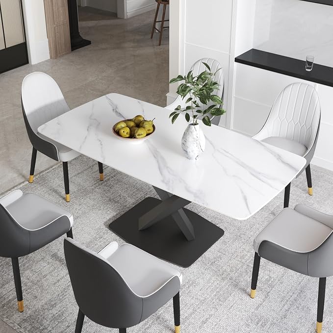 Modern Rectangle Marble Dining Table for 6,63" White Marble Sintered Stone Top Dining Table,Rectangle Dining Room Table with X-Shape Carbon Steel Pedestal for Kitchen/Living Room(Table Only)