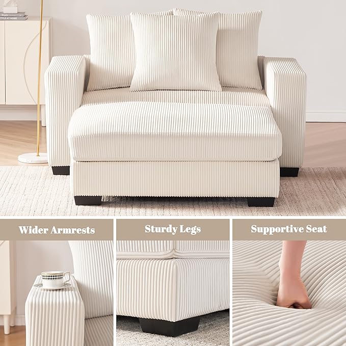 58.3" Oversized Chaise Lounge Indoor for Living Room, Solid Wood Comfy Sleeper Reclining Sofa with Thickened Cushions Widened Armrests for Bedroom, Deep Seat Lounge Sofa with Ottoman, Beige