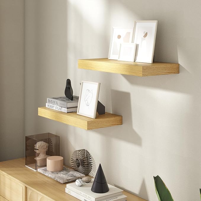 20 Inch Floating Shelves for Wall, 8 Inch Deep Floating Shelf for Storage & Display, Rustic Wall Mounted Shelf with Invisible Brackets for Living Room, Kitchen, Bathroom, Home Decor, Set of 2, Oak