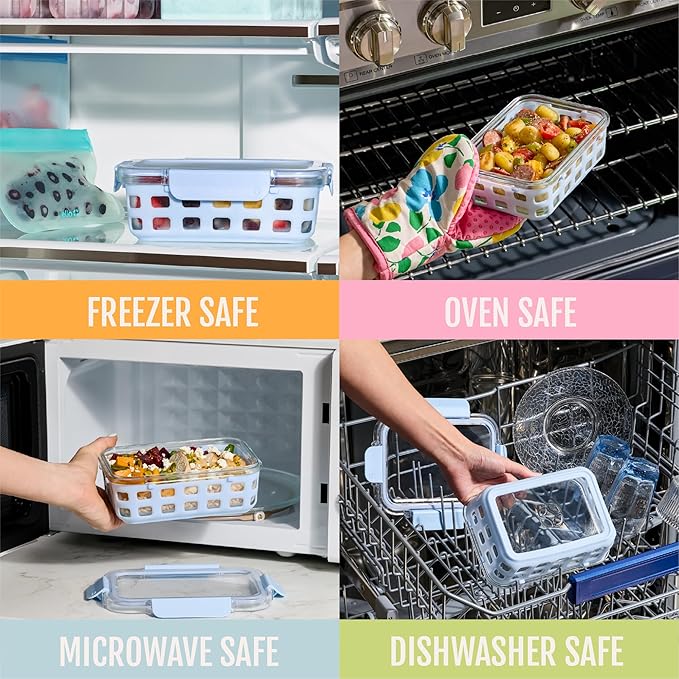 Ello Duraglass 3.4 Cup Meal Prep Sets 10Pc, 5 Pack Set- Glass Food Storage Container with Silicone Sleeve and Airtight BPA-Free Plastic Lids, Dishwasher, Microwave, and Freezer Safe, Meadow