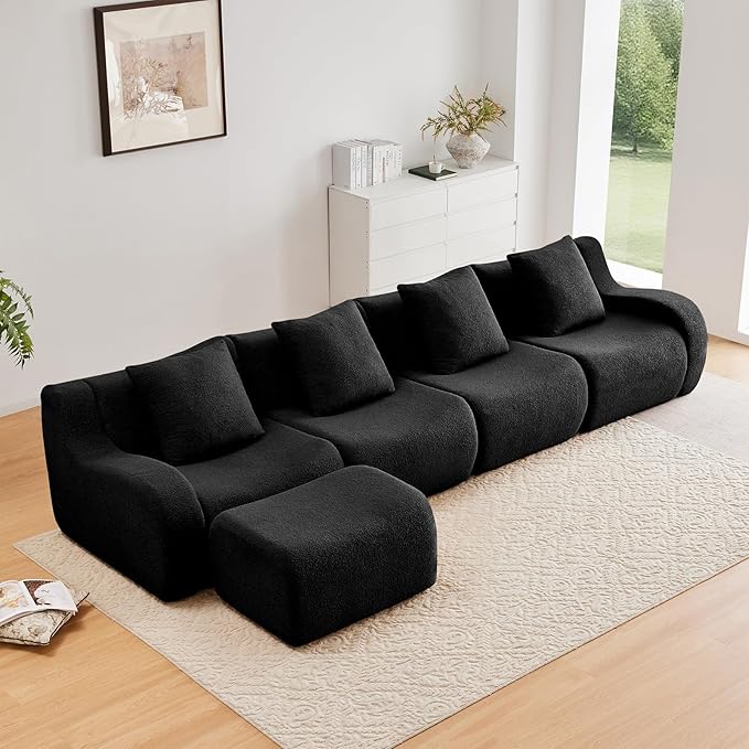 Black L-Shaped Cloud Couch with 1 Ottoman, Modern Teddy Fabric Boneless Sectional Sofa in a Box, Modular Floor Sofa for Living Room, Deep Seat, No Assembly Required, Sofas para Sala