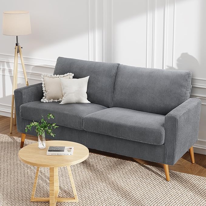 WEUP 68" Loveseat Sofa Grey Corduroy Couch, Mid Century Modern Love Seat Couches for Living Room, Small Loveseat for Bedroom Office, Comfy Sofa with Spring Cushion, Solid Wood, Tool-Free Assembly
