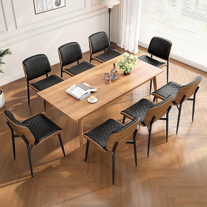 Dining Chairs Set of 8, Mid-Century Modern Upholstered PU Leather Chairs with Walnut Back and Metal Legs Adjustable Feet for Kitchen Dining Room, Black Diamond Plaid