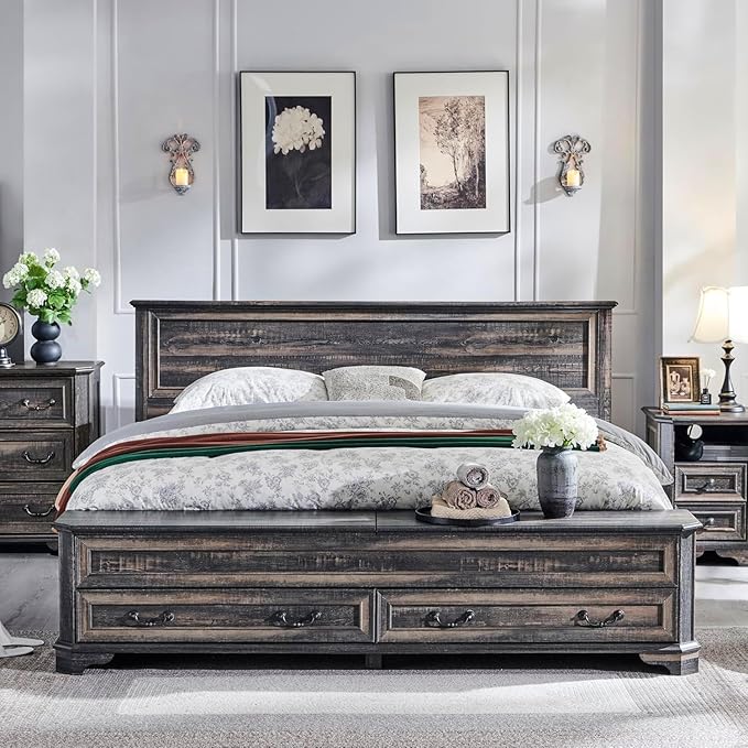 T4TREAM Farmhouse King Bed with Headboard and Storage Bench, Rustic Wood Platform Bed with 80" Storage Chest w/ 4 Large Drawer (Dark Rustic Oak)