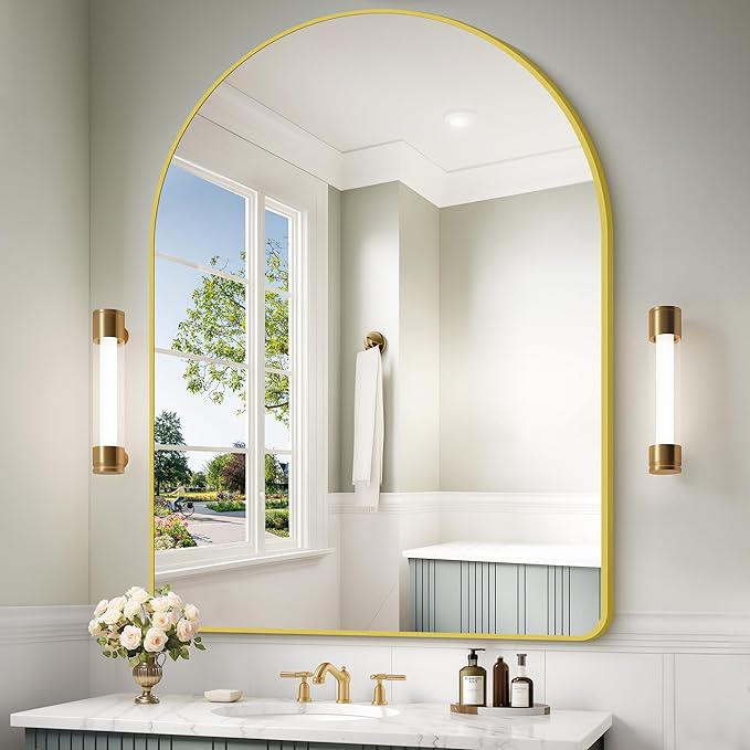 Arched Bathroom Mirror, 36"x48" Gold Arch Mirror for Bathroom, Wall Mounted Mirror, Gold Vanity Wall Mirror w/Metal Frame for Bedroom, Entryway, Living Room, Vertically Hanging or Leaning Against