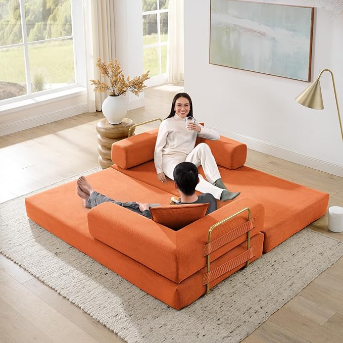Antetek Convertible Futon Sofa Bed, 3-Seater Modern Corduroy Foam Floor King Size Bed Fold Out Sleeper Lounge Loveseat Sofa Couch with 2 Throw Pillows for Living Room Bedroom Guest Room, Orange