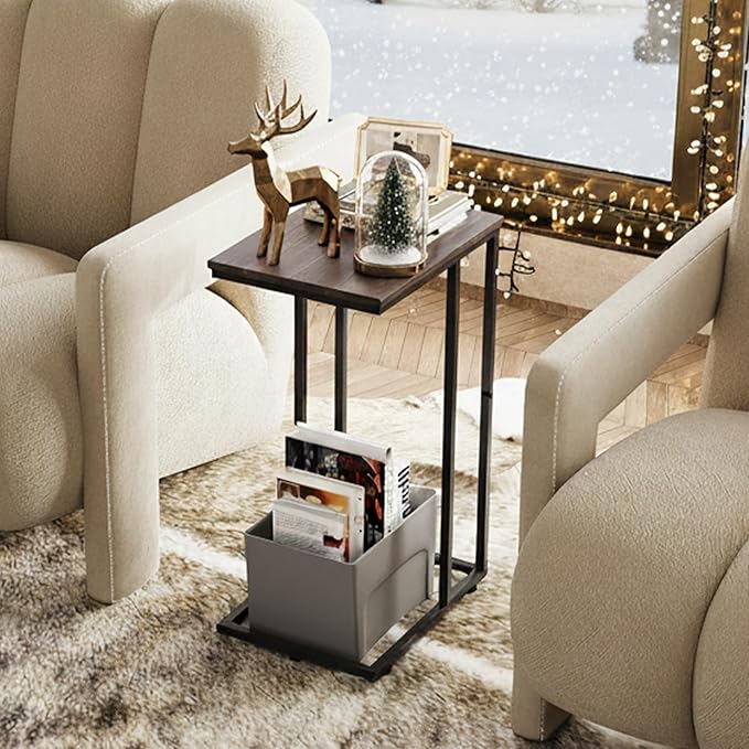 WLIVE Small Side Table, C Shaped End Table for Couch, Sofa and Bed, Tv Tray Table That Slides Under for Living Room, Bedroom, Bedside, Gray and Black
