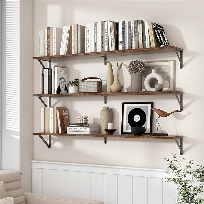 Axeman 48 Inch Floating Shelves | 8 Inch Deep Walnut Wall Shelves Set of 2 | 47.3W x 8D Rustic Wood Shelves for Bookshelf Living Room Bedroom Home Office Bathroom