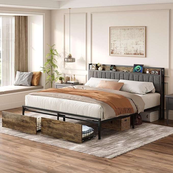 King Size Bed Frame with Storage Drawers and Charging Station, Upholstered Headboard Metal Platform Bed with USB Ports, No Box Spring Needed, Easy Assembly, Dark Brown