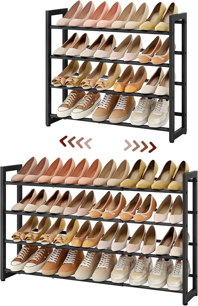 FAVOOSTY 4-Tier Expandable Shoe Rack, Adjustable Shoe Shelf Storage Organizer Space Saving Metal Free Standing Shoe Rack for Entryway Closet Doorway, Black