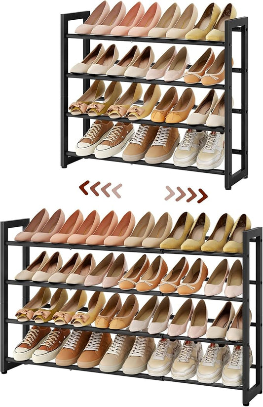 FAVOOSTY 4-Tier Expandable Shoe Rack, Adjustable Shoe Shelf Storage Organizer Space Saving Metal Free Standing Shoe Rack for Entryway Closet Doorway, Black