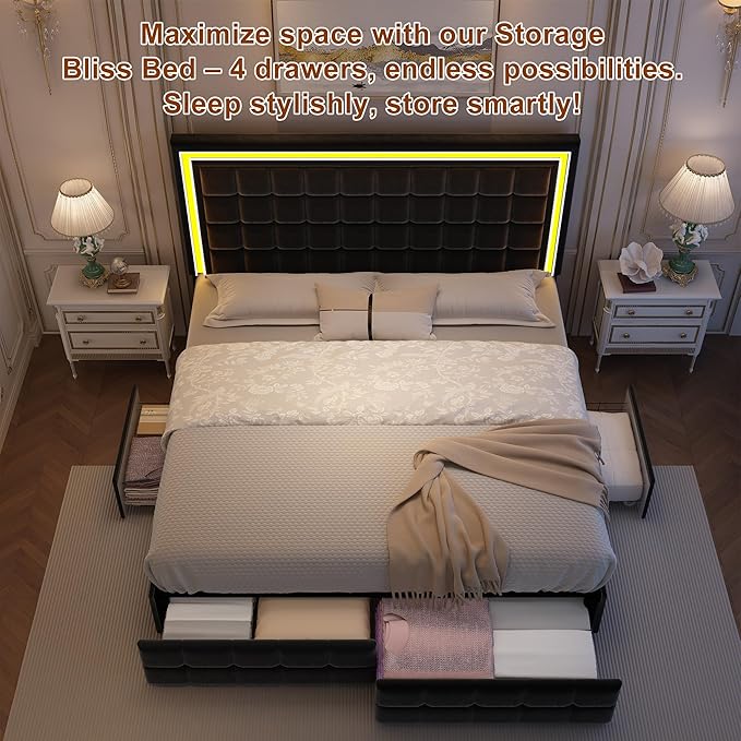 King Bed Frame with LED Lights & Storage Drawers, No Box Spring Needed, Heavy Duty 900lbs Weight Capacity, Easy Assembly, Modern Upholstered Platform Bed, Velvet Black