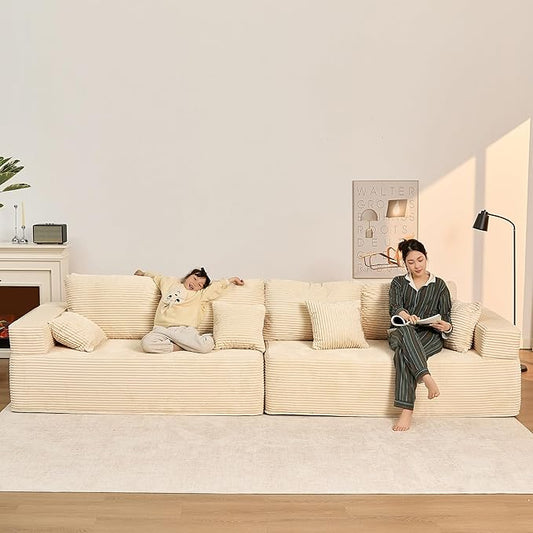 138" Modular Sofa Memory Foam Sectional Couches for Living Room, Sleeper Sofa Bed, Corduroy, White