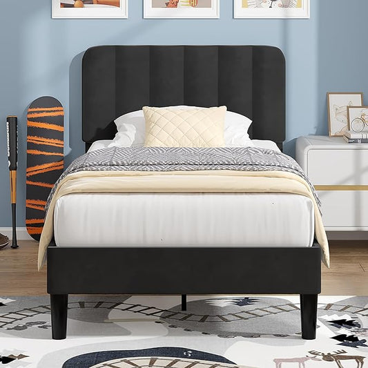 VECELO Twin Size Bed Frame with Upholstered Headboard, Velvet Platform Bedframe Mattress Foundation, Strong Wood Slat Support, No Box Spring Needed,Black