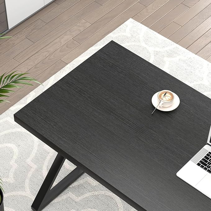 FOLUBAN Black Desk, Modern Wood and Metal Computer Desk for Home Office, Simple Writing Work PC Desks for Bedroom, Industrial Study Gaming Table for Living Room, Black, 53 Inch