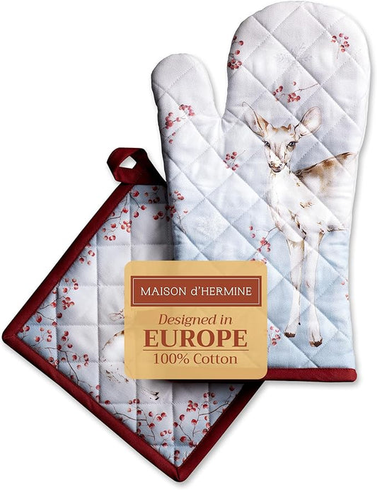 Maison d' Hermine 100% Cotton Oven Mitt & Pot Holder Set (7.5"x13" & 8"x8") Heat Resistant BBQ Cooking Gloves with Loop for Thanksgiving Christmas Decorations Handling Hot Pans (Fairy Tale Forest)