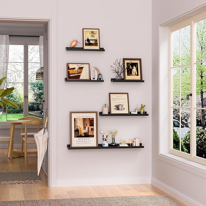 Heimlove Floating Shelves Set of 6, 16" Wall Mounted Picture Ledge, Display Shelf Organizer for Decor Storage, Wall Mounted Shelves for Living Room, Bedroom, Bathroom, Kitchen (Black)