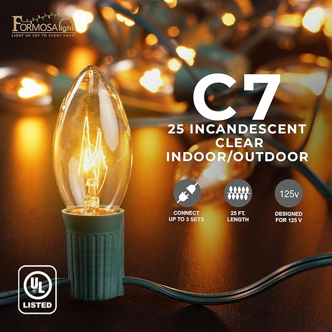 C7 25ft Indoor/Outdoor Clear Incandescent Christmas String Lights/Patio Lights with 25 Bulbs | 120V, 5W