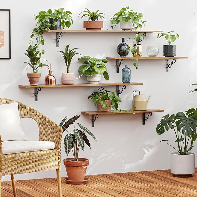 DINZI LVJ Long Wall Shelves, 47.3" Large Floating Shelves Set of 2, Farmhouse Display Shelf Wall Mounted with Heavy Duty Brackets, Easy Assembly for Kitchen, Bathroom, Bedroom, Balcony, Rustic Brown