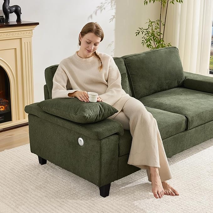 3 Seater Couch for Living Room, 79'' Comfy Deep Seat Sofa with Adjustable Armrests & USB/Type-C Charging Ports, Mid Century Modern Couch for Bedroom, Home Office, Green