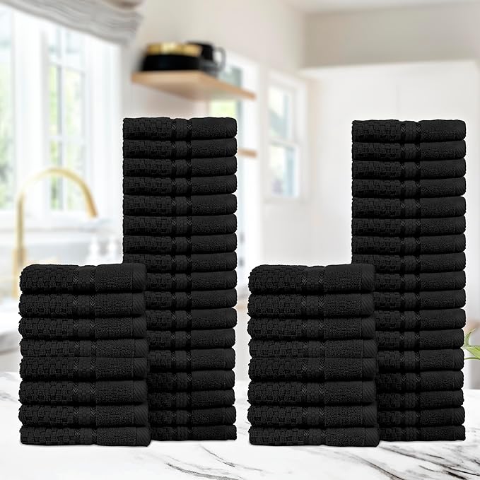 Ample Decor 100% Cotton Washcloths Set of 50 - Highly Absorbent, Popcorn Textured - Mulaayam Collection - Black 12 X 12 Inch