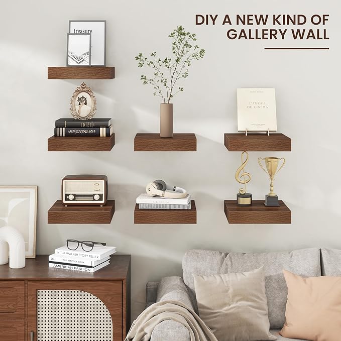 Square Floating Shelves for Wall, 12" W x 12" D x 2" H, 2 Pack, Small Wall Mounted Engineered Wood Shelves with Invisible Brackets for Living Room, Bedroom, Bathroom, Kitchen Decor, Walnut