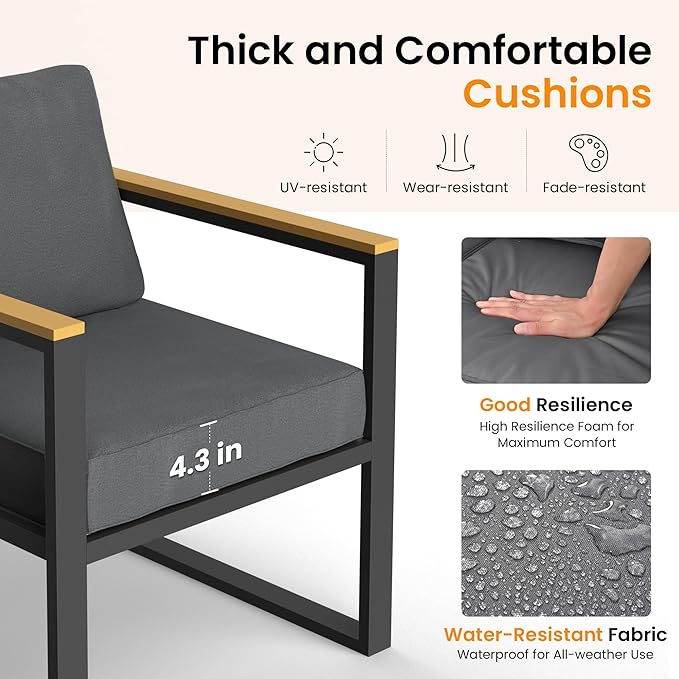 Pamapic 4 Pieces Outdoor Patio Furniture Set, Modern Metal Balcony Furniture with Plastic-Wood Coffee Table, All-Weather Patio Conversation Set with Thick Cushion for Balcony, Porch, Gray