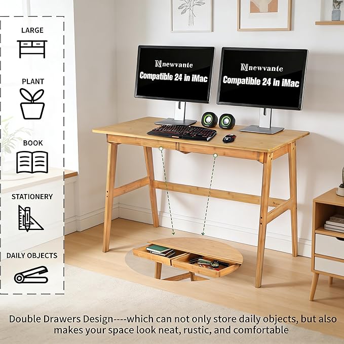 Nnewvante Writing Computer Desk 46" Bamboo Home Office Table with 2 Drawers, Modern Furniture Simple Study Makeup Workstation