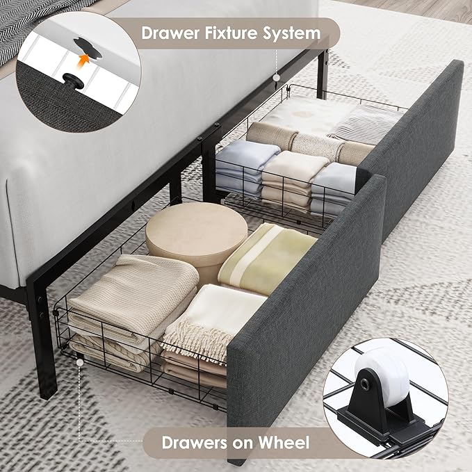 Keyluv Full LED Bed Frame with Storage Headboard & 2 Drawers, Upholstered Platform Bed with Charging Station & Bedside Storage Rack, Metal Slat Support, No Box Spring Needed, Linen Fabric, Black