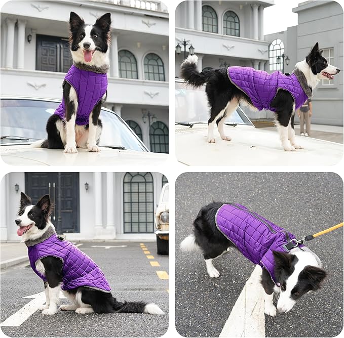 Warm Fleece Dog Coats with Durable Harness Buitl in D-Ring,Waterproof Doggie Jacket for Large Dogs,Dog Vest for Cold Winter,Purple XXXL