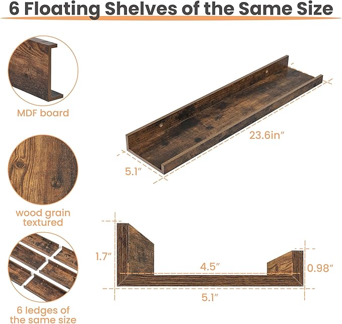 upsimples Floating Shelves for Wall, 23.6 Inch Shelves for Decor Storage Set of 6, Wall Mounted Wood Shelf for Bedroom, Living Room, Bathroom, Kitchen, Long Picture Ledge Shelves, Brown