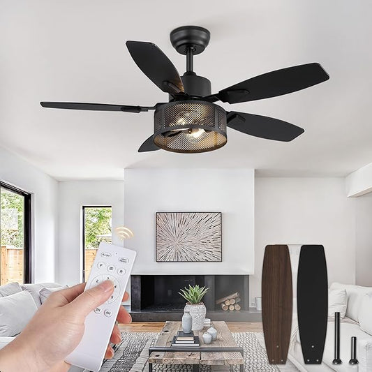 Farmhouse Ceiling Fans with Lights and Remote, 42 Inch Industrial Black Caged Ceiling Fans for Living Room Bedroom Kitchen, 6 Speed Reversible Quiet DC Motor, Dual Finish 5 Blades