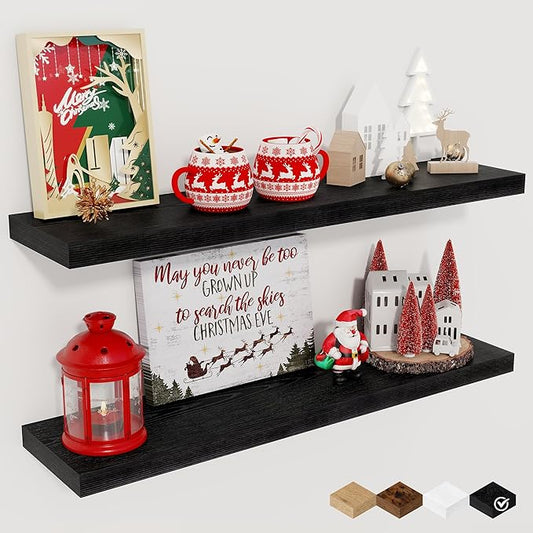 Fun Memories Floating Shelves for Wall, 27.5" Rustic Wood Deep Wall Mounted Shelves with Invisible Brackets for Decor & Storage, Floating Shelf for Living Room, Bathroom (Black, Set of 2)
