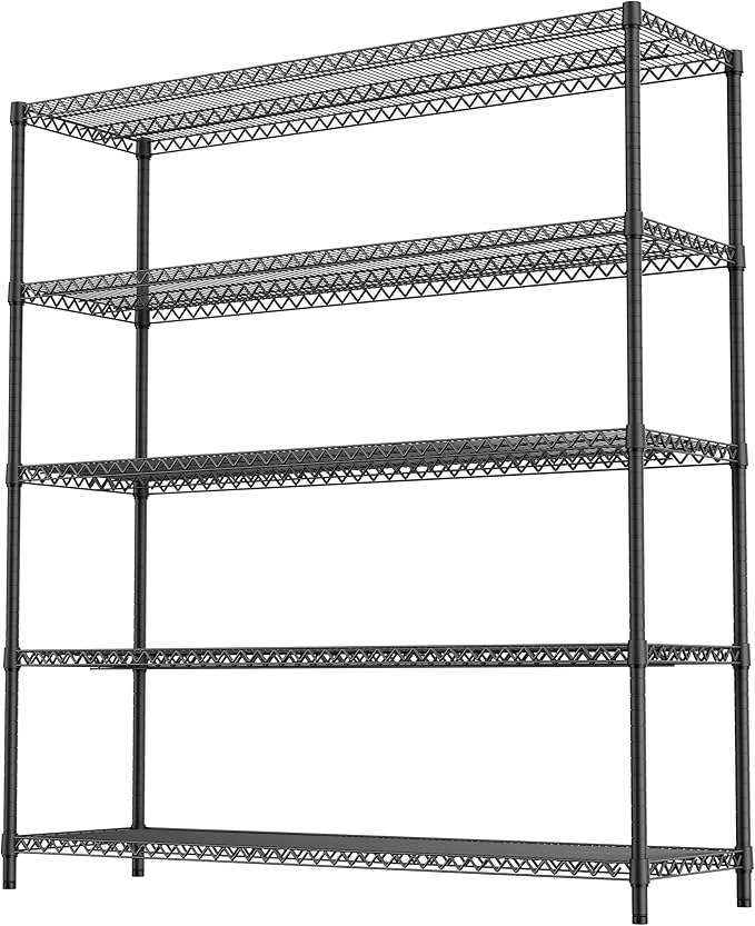 5 Tiers Storage Shelves Load 3300LBS, Metal Shelving Wire Metal Shelving Unit Shelves for Storage Adjustable Garage Shelving for Pantry Kitchen Garage Black 17.7" D x 59.1" W x 70.4" H