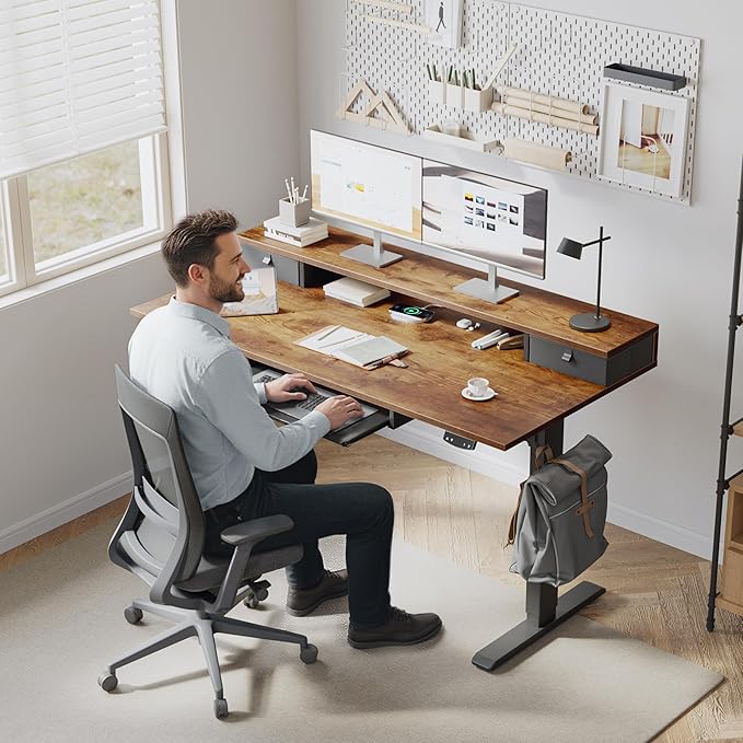 Klicelor 48 Inch Electric Standing Desk with Drawers and Keyboard Tray, Height Adjustable Desks for Home Office, Sit Stand Up Computer Workstation with Two Pieces, Rustic Brown