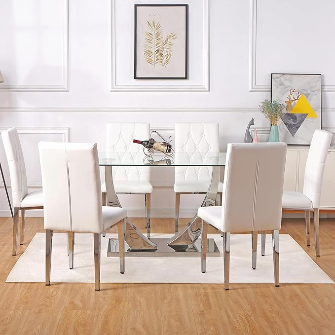 Modern Dining Table and Chairs for 6 - 63'' Glass Table with Silver U-Shaped Legs