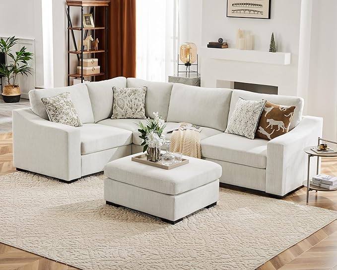 ABCASA 112" Modular Sectional Sofa, Large 5 Seater L Shaped Couch with Detachable Sofa Cover, Movable Ottoman, Deep Seat Corner Couch for Living Room, Apartment - Linen Fabric, Ivory